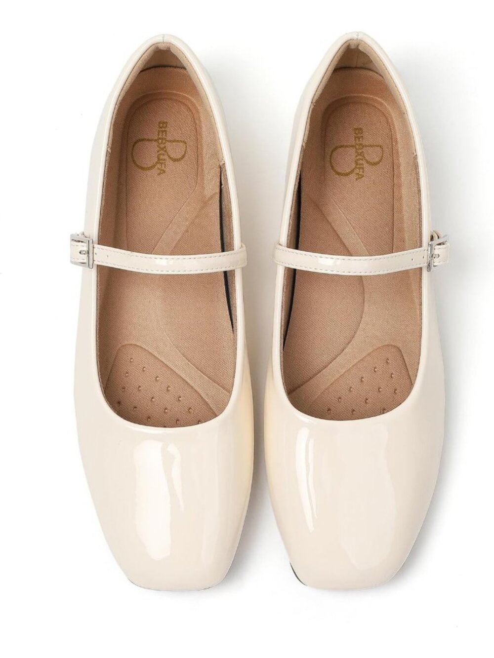 Women's Cream White Square Toe Mary Jane Flat Strap Comfort Leather Ballet Shoes